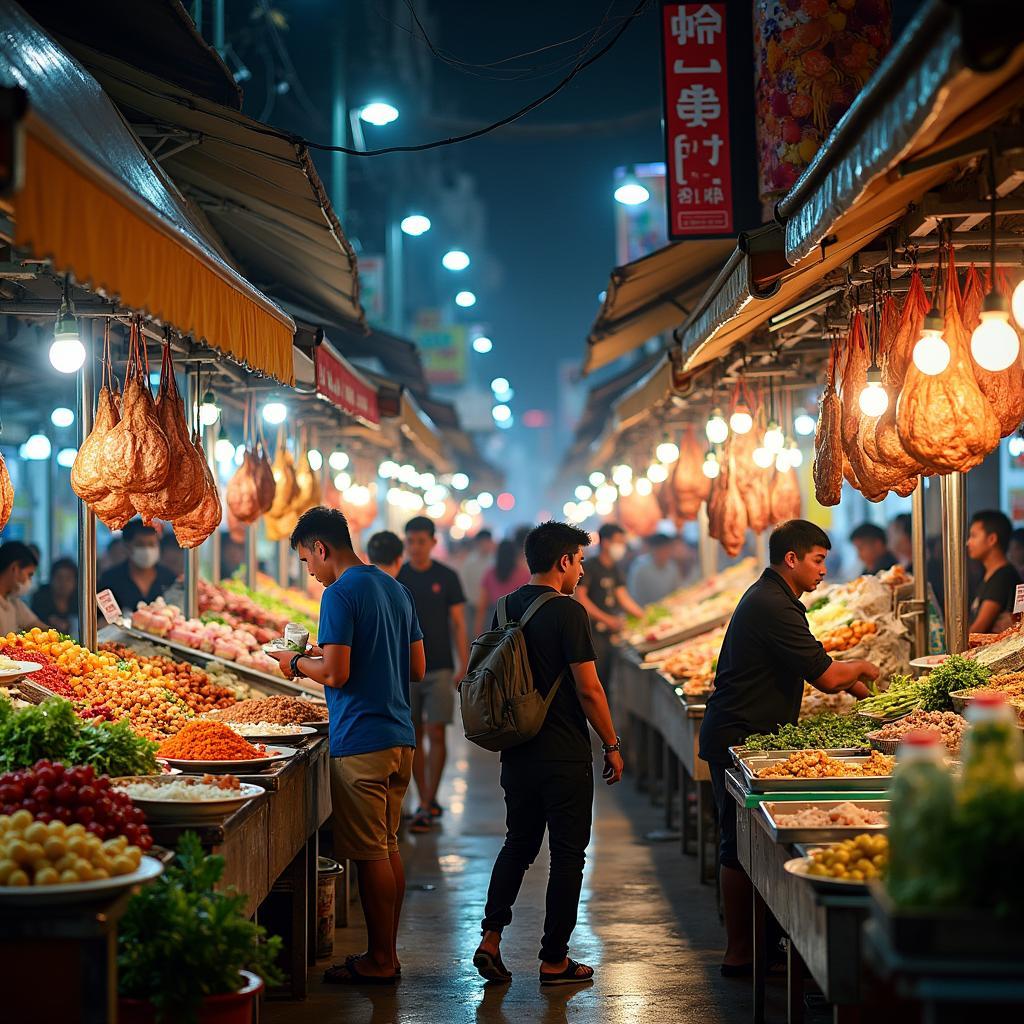 Hình ảnh sôi động của Chợ Bàn Cờ Quận 3 với nhiều gian hàng ẩm thực và người mua bán tấp nập
